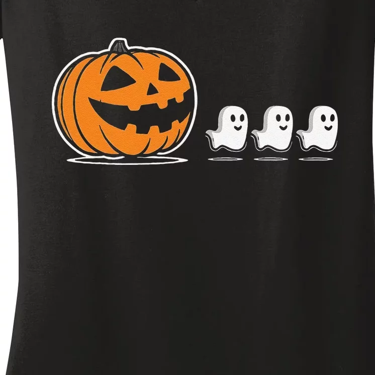 Pumpkin Eating Ghost Jack O Lantern Halloween Gamer Women's V-Neck T-Shirt