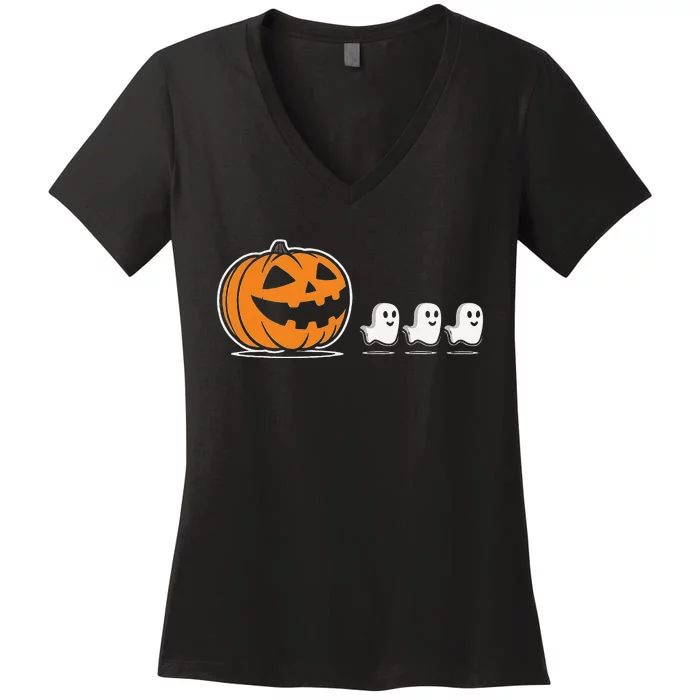 Pumpkin Eating Ghost Jack O Lantern Halloween Gamer Women's V-Neck T-Shirt