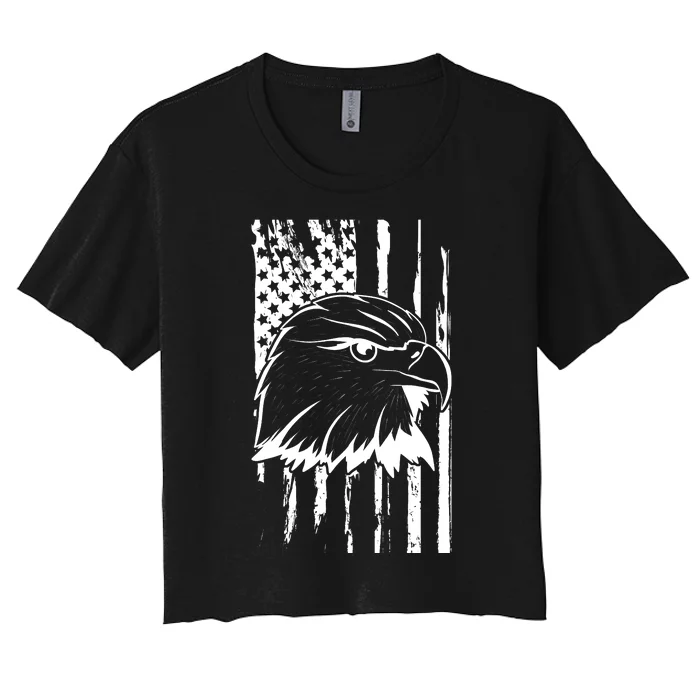 Patriotic Eagle Head American Flag Black Women's Crop Top Tee