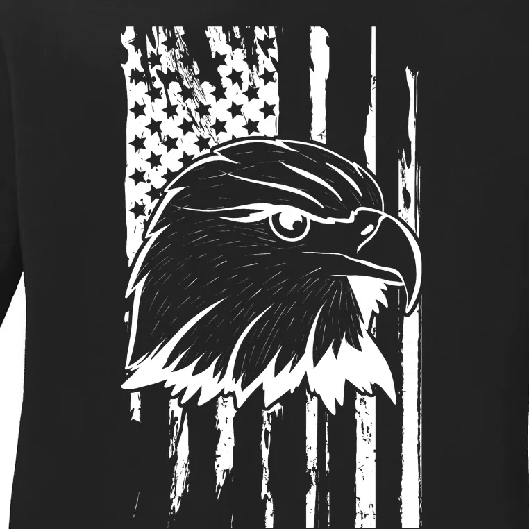 Patriotic Eagle Head American Flag Black Ladies Long Sleeve Shirt