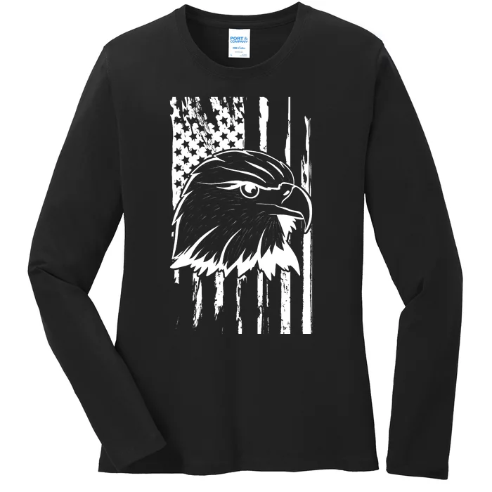 Patriotic Eagle Head American Flag Black Ladies Long Sleeve Shirt