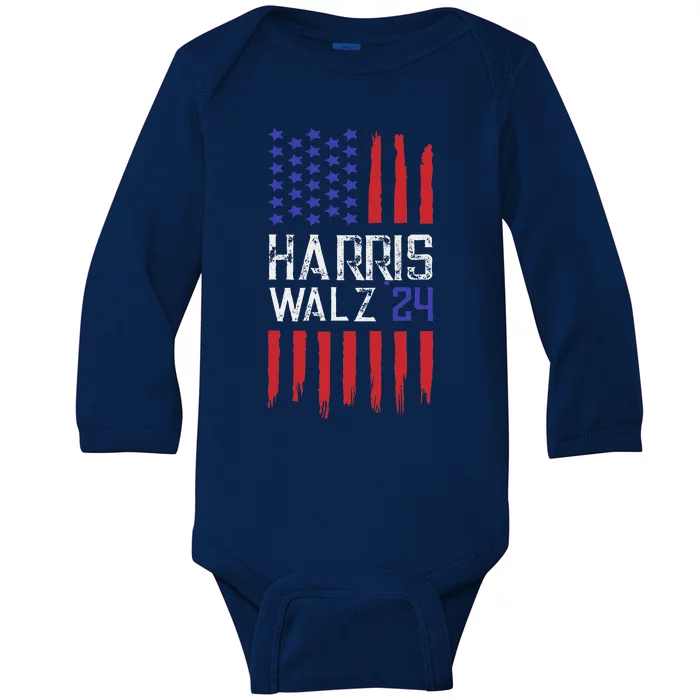 President Elect Kamala Harris & Tim Walz 2024 American Flag Baby Long Sleeve Bodysuit