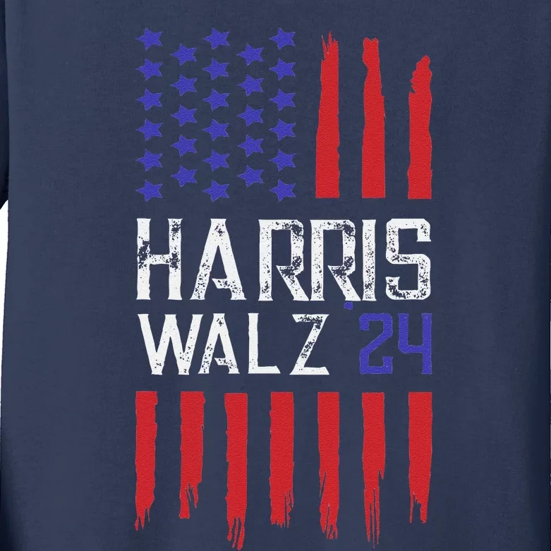 President Elect Kamala Harris & Tim Walz 2024 American Flag Kids Long Sleeve Shirt