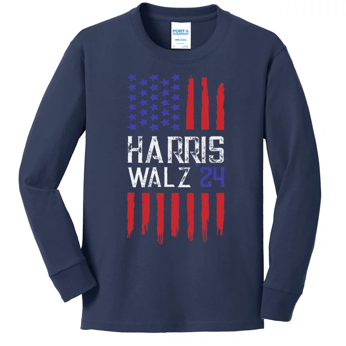 President Elect Kamala Harris & Tim Walz 2024 American Flag Kids Long Sleeve Shirt