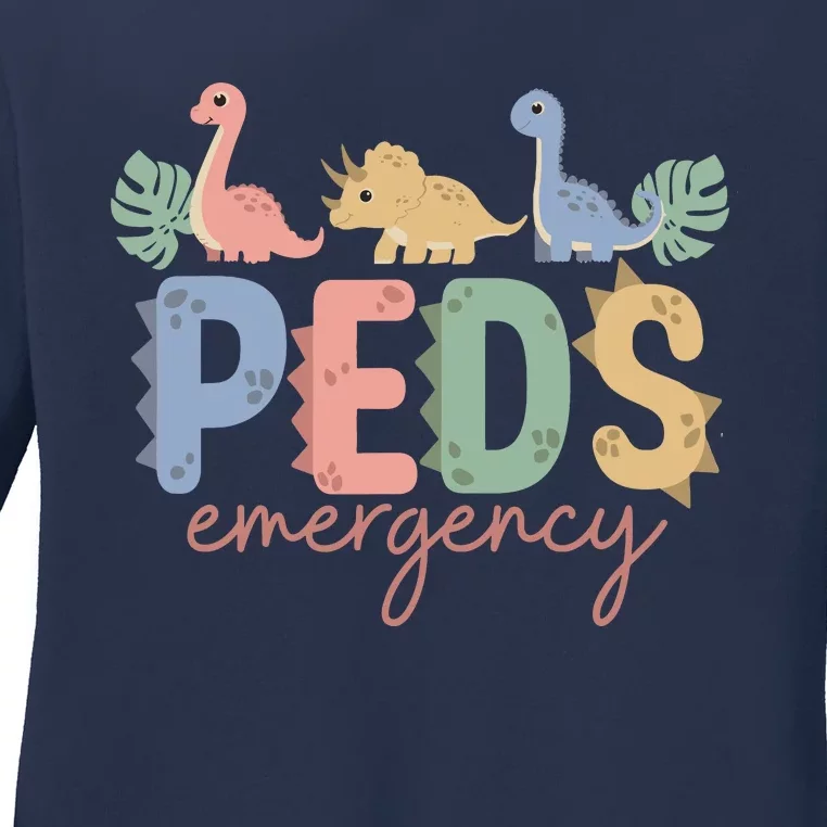 Pediatric Emergency Nurse Dinosaurs Peds Er Nurse Wo Ladies Long Sleeve Shirt