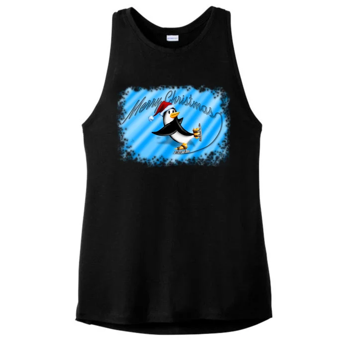 Penguin Skating Merry Christmas Ladies Tri-Blend Wicking Tank