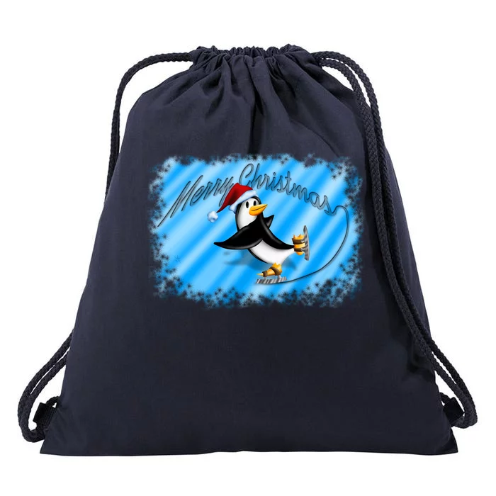 Penguin Skating Merry Christmas Drawstring Bag