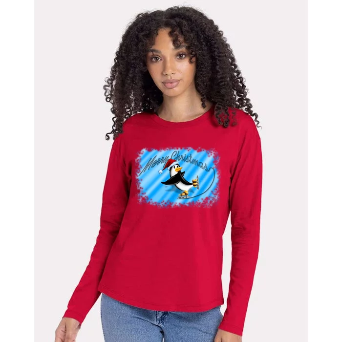 Penguin Skating Merry Christmas Womens Cotton Relaxed Long Sleeve T-Shirt