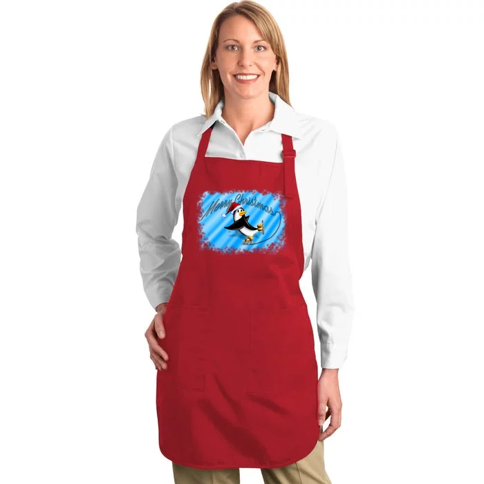 Penguin Skating Merry Christmas Full-Length Apron With Pocket