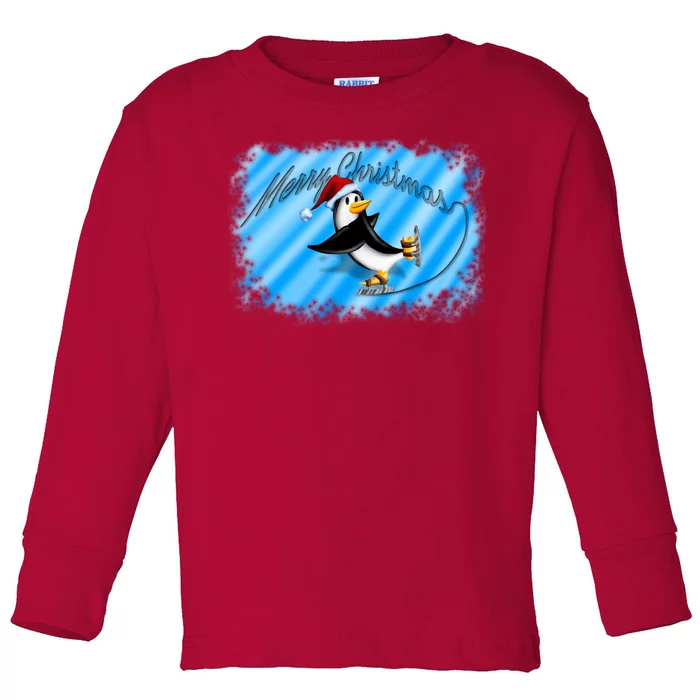 Penguin Skating Merry Christmas Toddler Long Sleeve Shirt