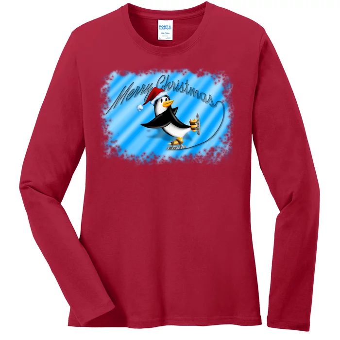 Penguin Skating Merry Christmas Ladies Long Sleeve Shirt