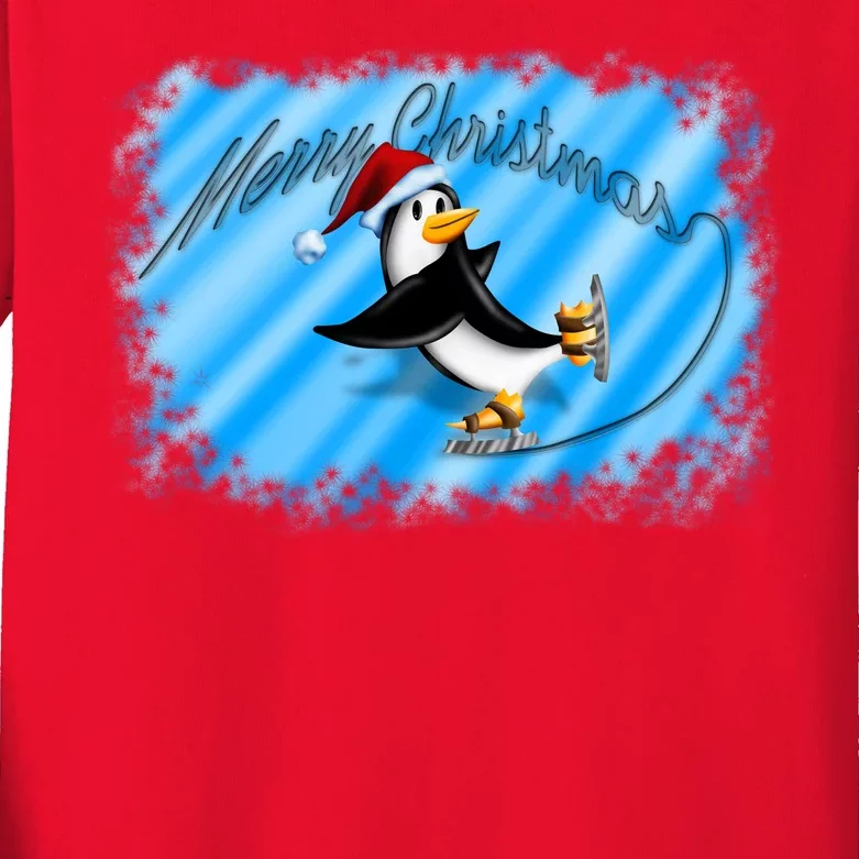 Penguin Skating Merry Christmas Kids Long Sleeve Shirt