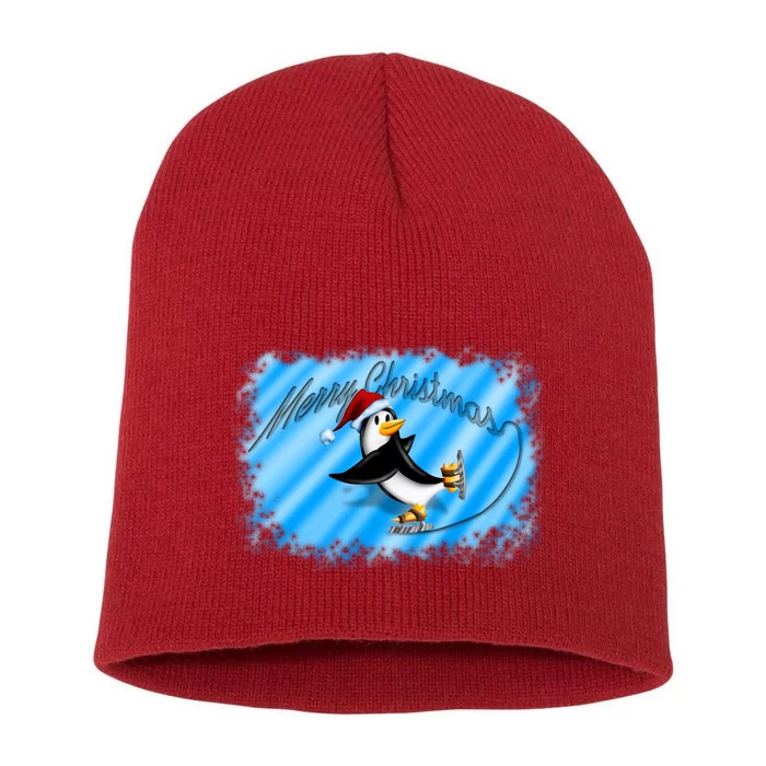 Penguin Skating Merry Christmas Short Acrylic Beanie