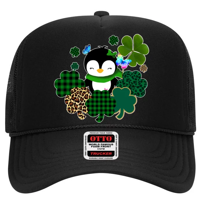 Penguin St Patty's Day Cute Shamrocks High Crown Mesh Trucker Hat