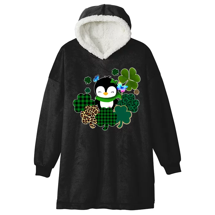 Penguin St Patty's Day Cute Shamrocks Hooded Wearable Blanket