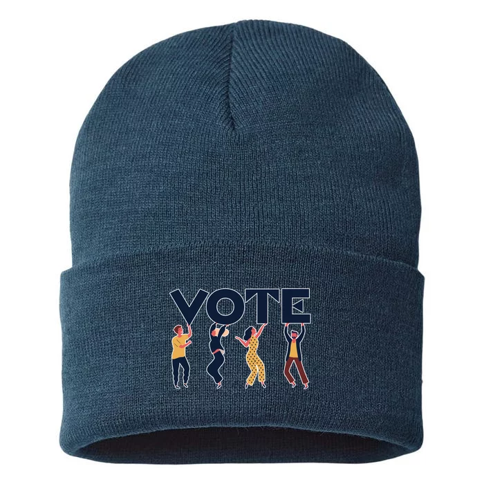 People Holding VOTE Letters Blue And Gold version Sustainable Knit Beanie