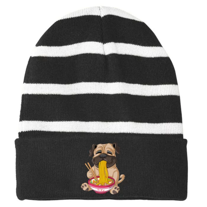 Pug Eating Ramen Striped Beanie with Solid Band