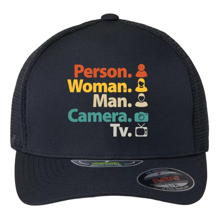 Person Woman Man Camera TV Donald Trump Cognitive Test Flexfit Unipanel Trucker Cap