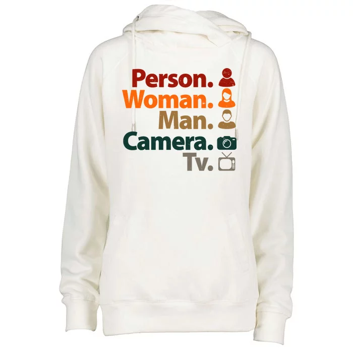 Person Woman Man Camera TV Donald Trump Cognitive Test Womens Funnel Neck Pullover Hood