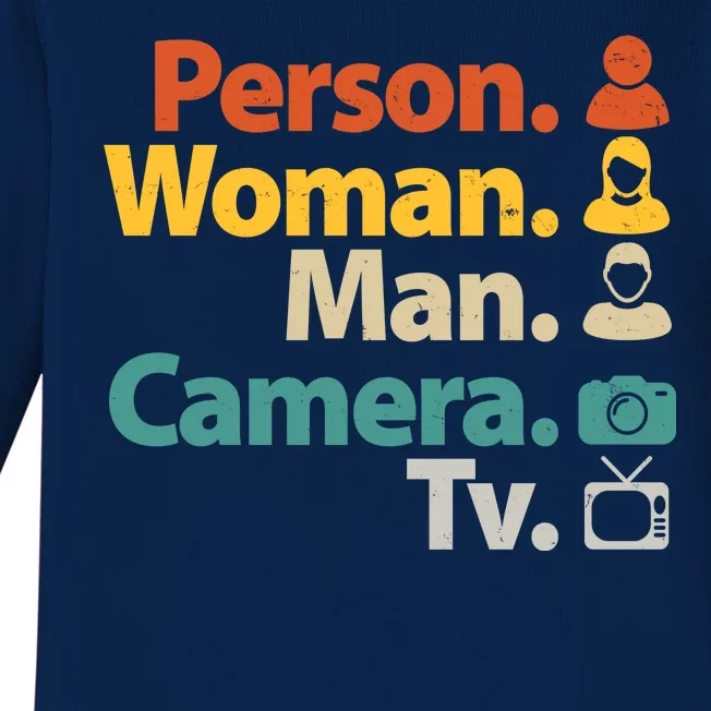 Person Woman Man Camera TV Donald Trump Cognitive Test Baby Long Sleeve Bodysuit