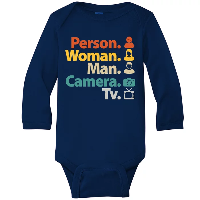 Person Woman Man Camera TV Donald Trump Cognitive Test Baby Long Sleeve Bodysuit