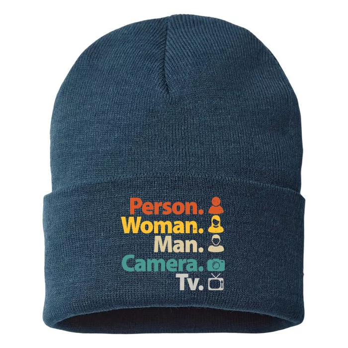 Person Woman Man Camera TV Donald Trump Cognitive Test Sustainable Knit Beanie