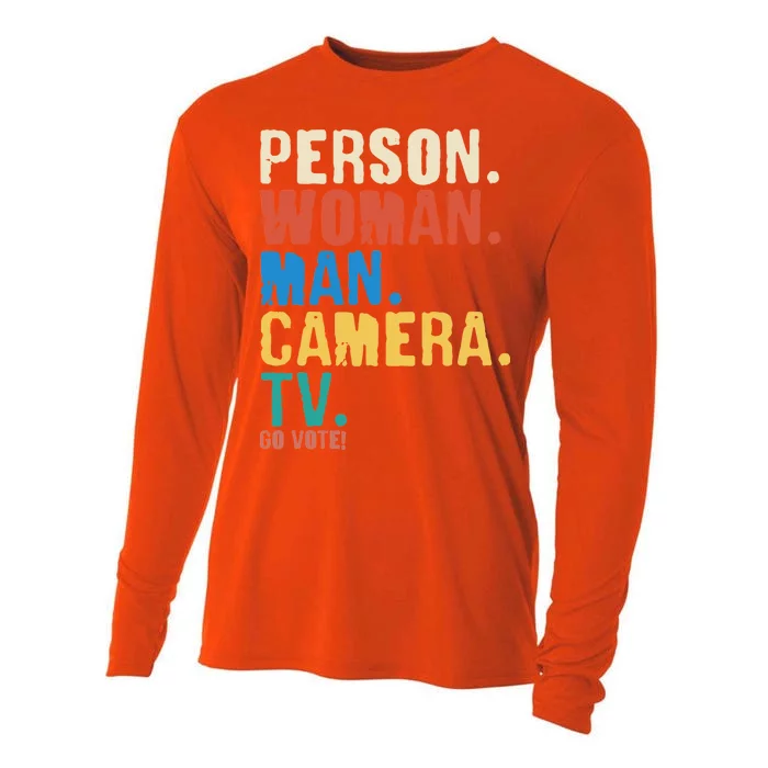 Person Woman Man Camera TV Go Vote Distressed Cooling Performance Long Sleeve Crew