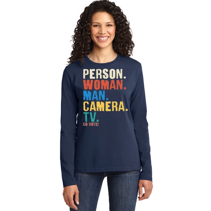 Person Woman Man Camera TV Go Vote Distressed Ladies Long Sleeve Shirt