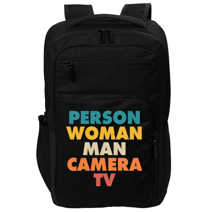 Person Woman Man Camera TV Trump Cognitive Test Impact Tech Backpack