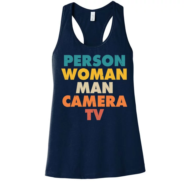 Person Woman Man Camera TV Trump Cognitive Test Women's Racerback Tank