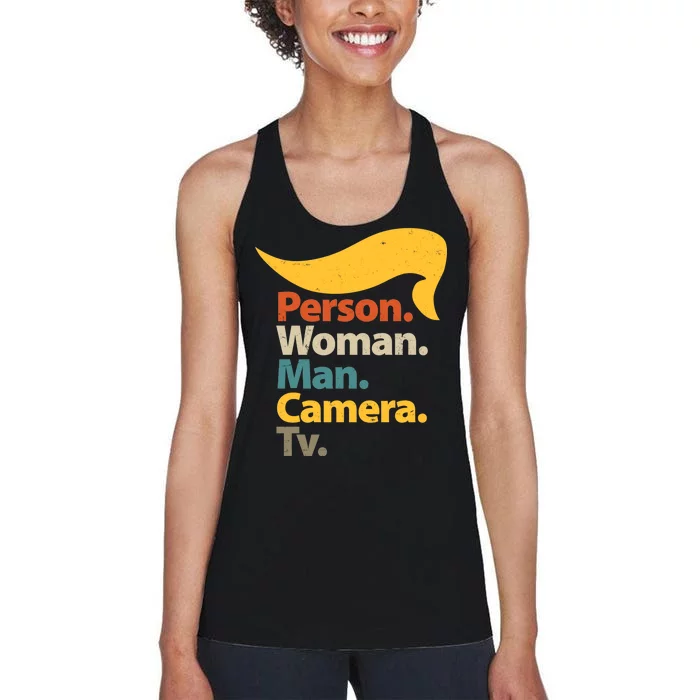 Person Woman Man Camera TV Trump Hair Women's Racerback Tank