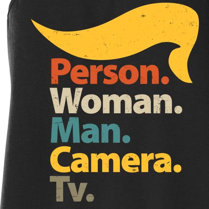 Person Woman Man Camera TV Trump Hair Women's Racerback Tank