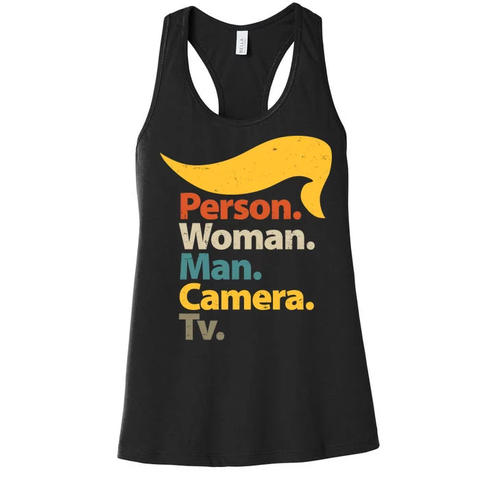 Person Woman Man Camera TV Trump Hair Women's Racerback Tank