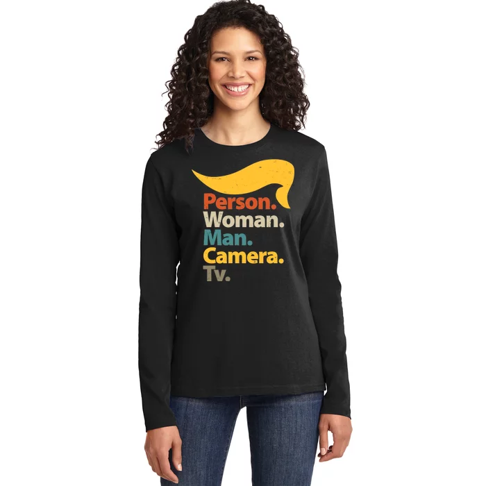 Person Woman Man Camera TV Trump Hair Ladies Long Sleeve Shirt