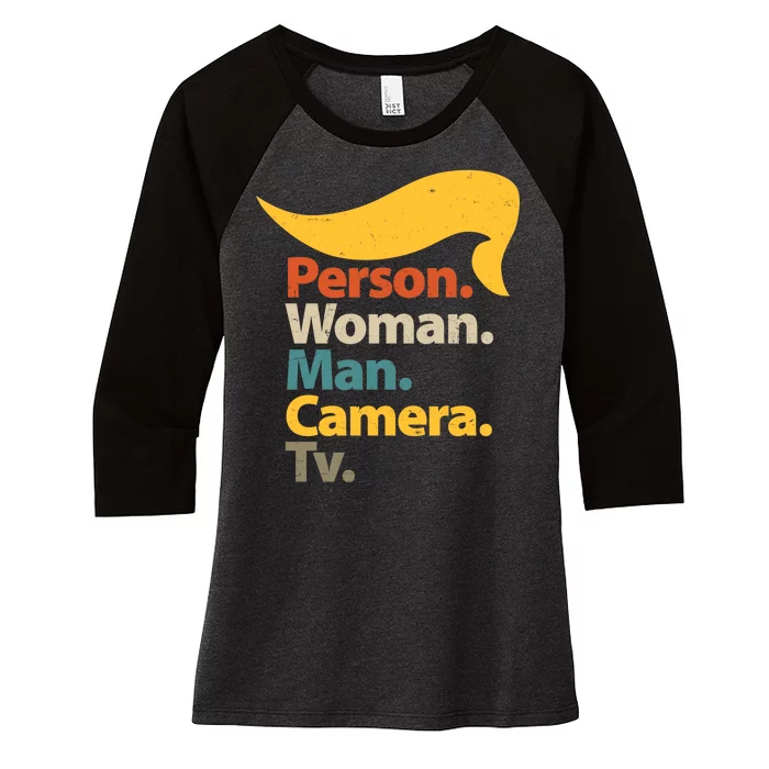 Person Woman Man Camera TV Trump Hair Women's Tri-Blend 3/4-Sleeve Raglan Shirt