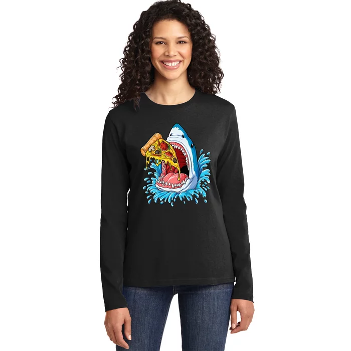 Pizza Eating Shark Food Lovers Jawsome Ladies Long Sleeve Shirt