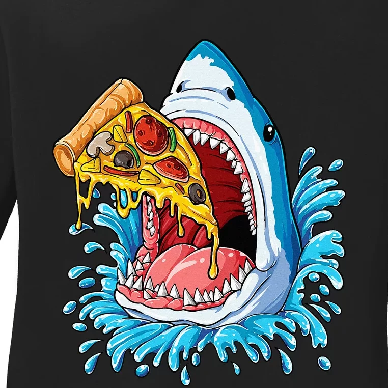 Pizza Eating Shark Food Lovers Jawsome Ladies Long Sleeve Shirt