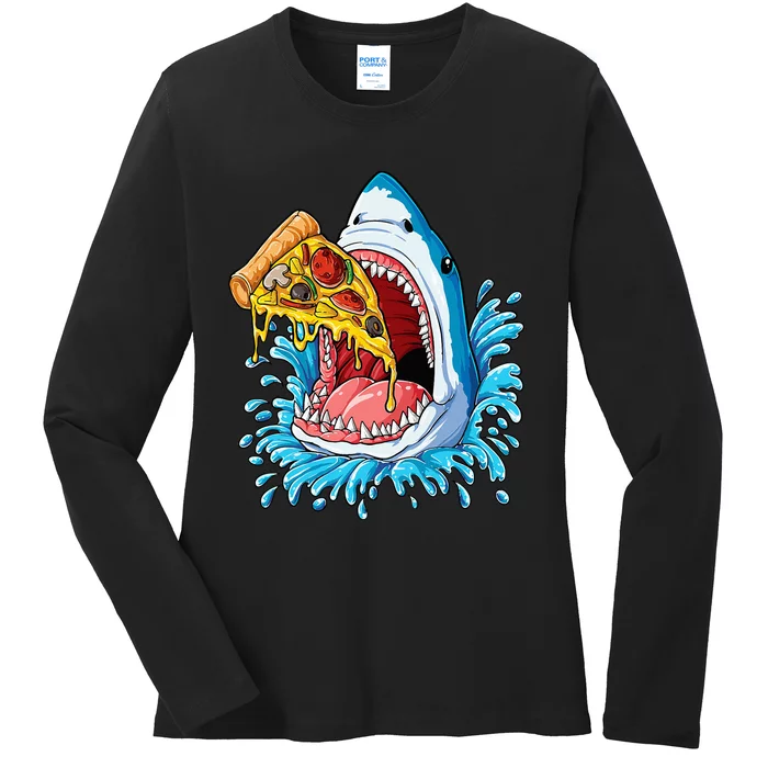 Pizza Eating Shark Food Lovers Jawsome Ladies Long Sleeve Shirt