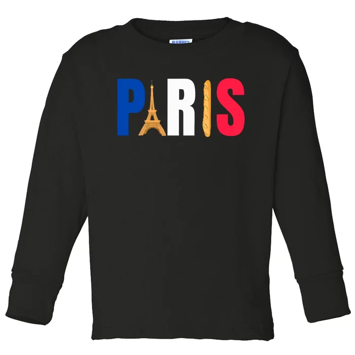 Paris Eiffel Tower Baguette French Flag Design Toddler Long Sleeve Shirt