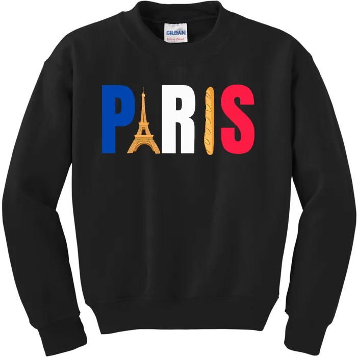 Paris Eiffel Tower Baguette French Flag Design Kids Sweatshirt