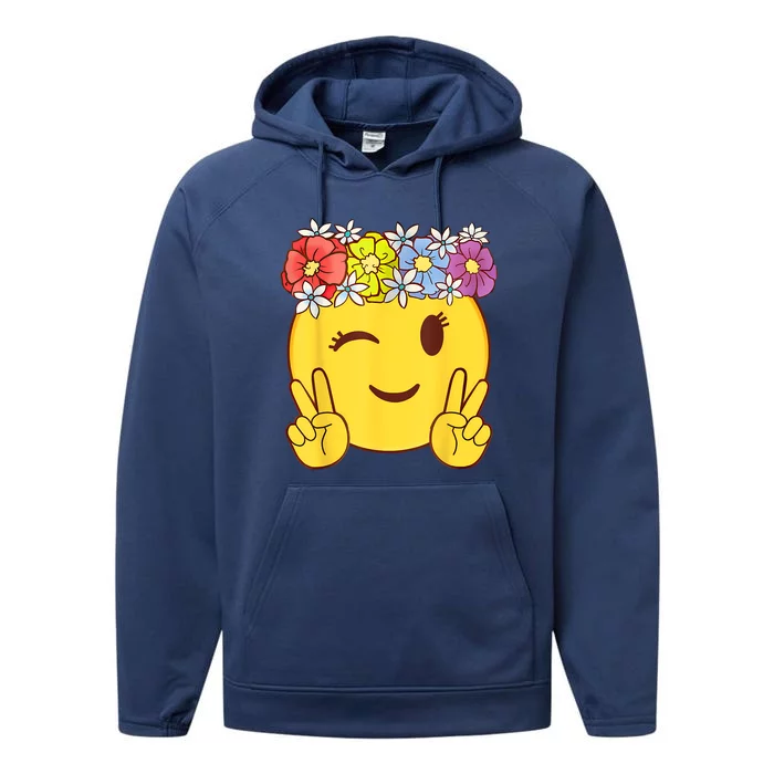 Peace Emoticon Winking Flower Crown Performance Fleece Hoodie