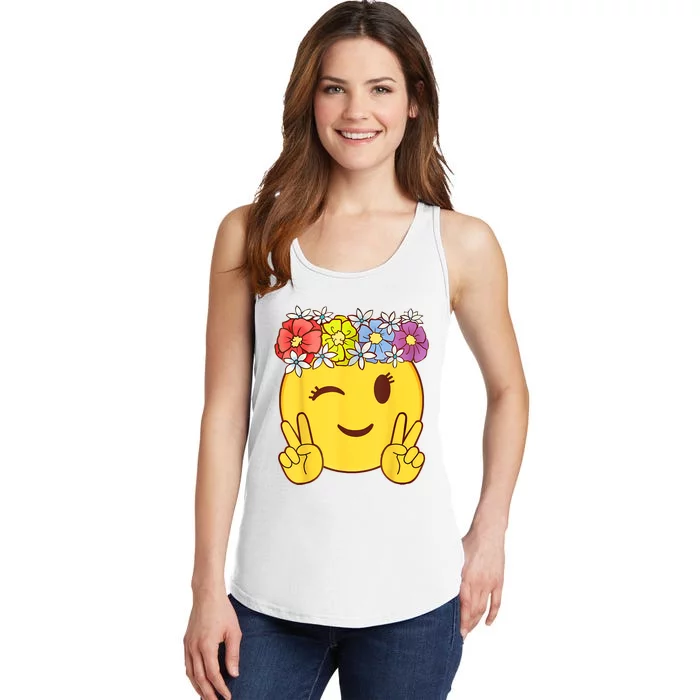 Peace Emoticon Winking Flower Crown Ladies Essential Tank