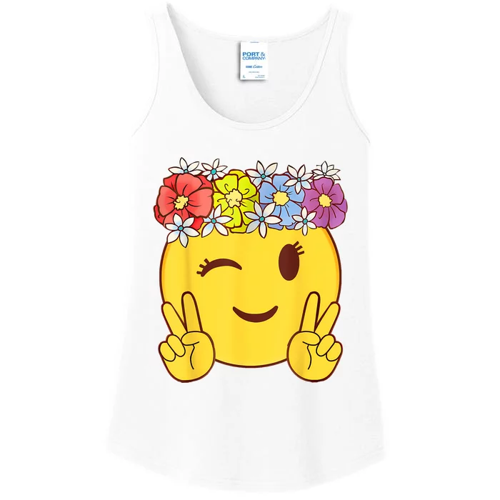 Peace Emoticon Winking Flower Crown Ladies Essential Tank