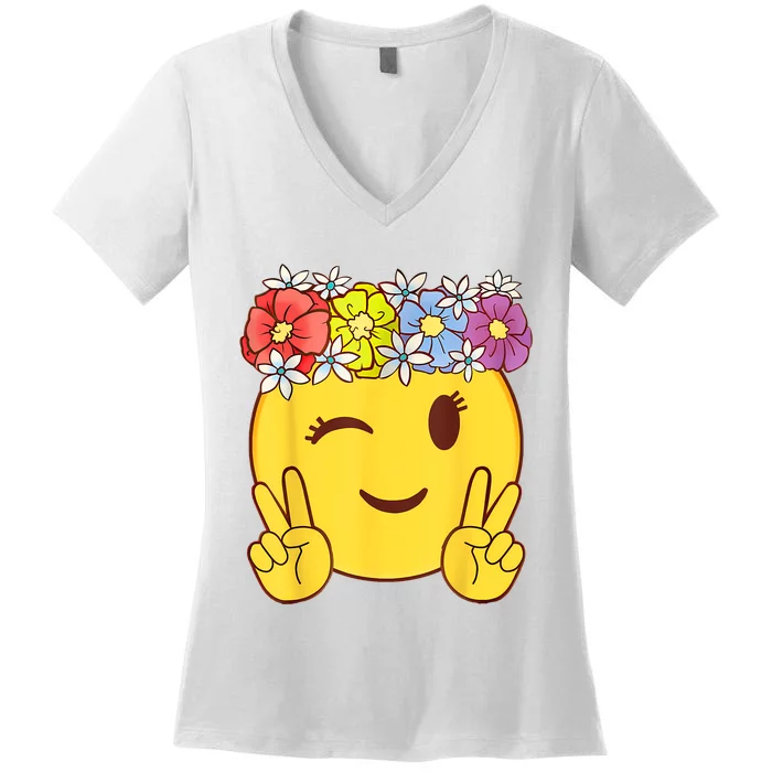 Peace Emoticon Winking Flower Crown Women's V-Neck T-Shirt