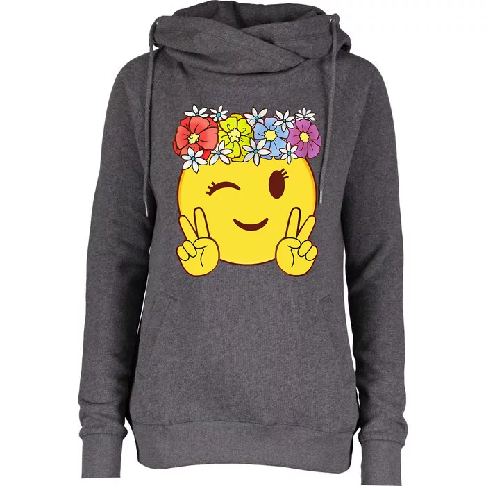 Peace Emoticon Winking Flower Crown Womens Funnel Neck Pullover Hood