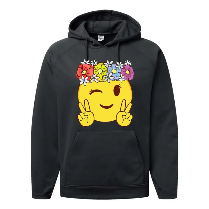 Peace Emoticon Winking Flower Crown Performance Fleece Hoodie