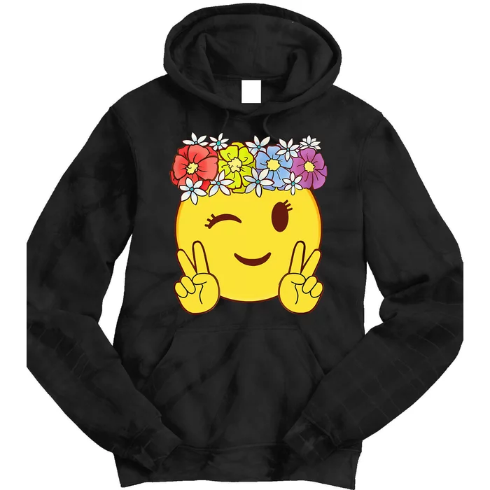 Peace Emoticon Winking Flower Crown Tie Dye Hoodie