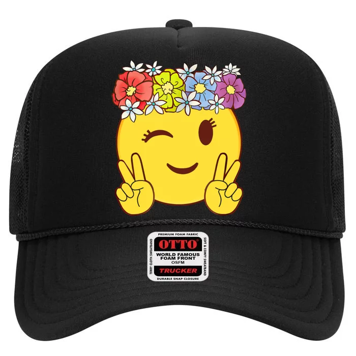 Peace Emoticon Winking Flower Crown High Crown Mesh Trucker Hat