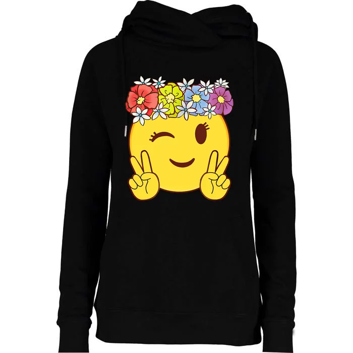 Peace Emoticon Winking Flower Crown Womens Funnel Neck Pullover Hood