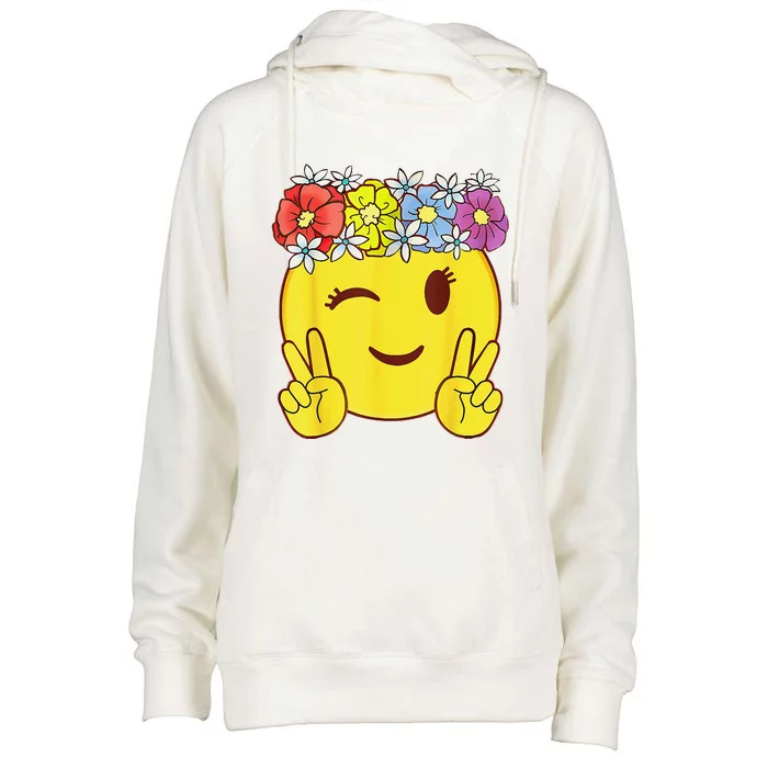 Peace Emoticon Winking Flower Crown Womens Funnel Neck Pullover Hood